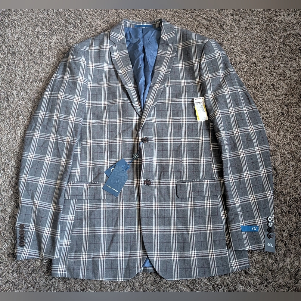NWT Gino Vitale Grey Slim Fit 2-Button Plaid Suit Jacket Men's 40L